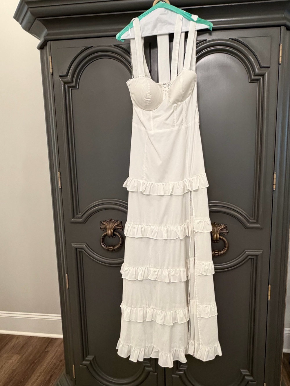 Main Strip White Ruffle Maxi Dress with Structured Bodice